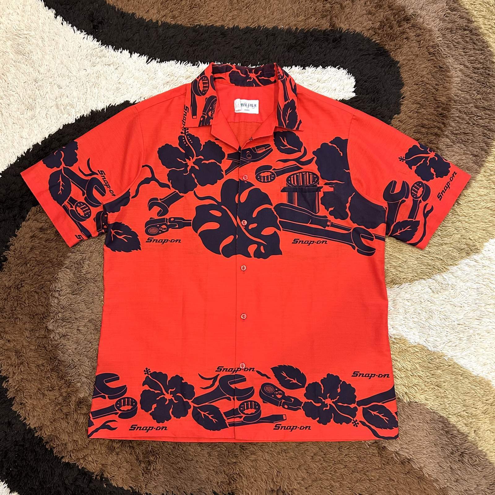 画像1: ビンテージ【 1980s SNAP-ON TOOLS / スナップオン・ハワイアンシャツ・アロハシャツ 】 レッド x ネイビー XLサイズ